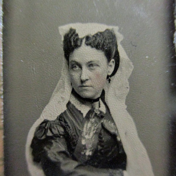 antique miniature gem tintype photo - 1800s, beautiful woman in white veil, tinted cheeks, curly hair