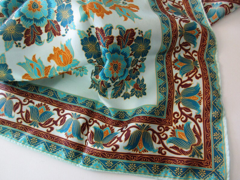 vintage scarf Specialty House, polyester, made in Japan, floral, flourish, aqua image 1