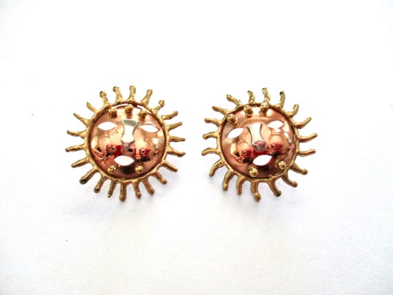 Vintage Sun Face Earring Vintage 80s 90s Gold Sun and Moon Face Dangling Clip on  main image 4