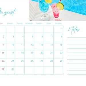 May include: A white August calendar with a blue and pink color scheme. The calendar features a grid layout with dates and a section for notes. Two cocktails sit next to a pool.