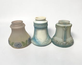 Vintage Milk Glass Lamp Shades Set of 3, Embossed Glass Replacement Shades, Antique Style Lighting Parts, Farmhouse Lighting Decor