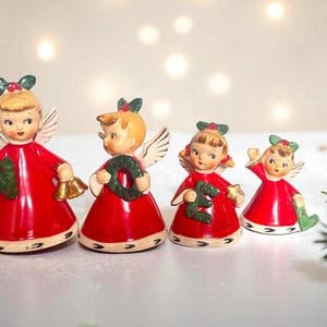 Vintage 1956 Napco NOEL Angel Bell Figurines Set of 4 – Christmas Holiday Decor with Original Stickers and Box – Hand-Painted Japan