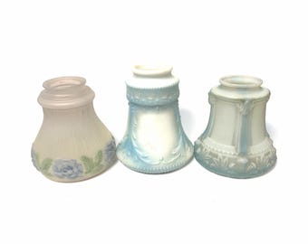 Vintage Milk Glass Lamp Shades Set of 3, Embossed Glass Replacement Shades, Antique Style Lighting Parts, Farmhouse Lighting Decor