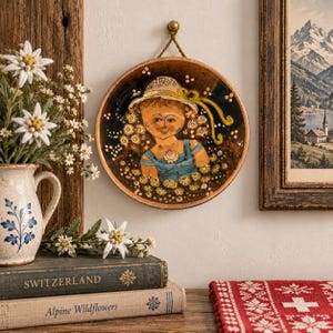 May include: A round ceramic wall plate featuring a hand-painted illustration of a person wearing a straw hat and a blue top, surrounded by small white flowers. The plate has a brown rim and is suspended by a gold-colored cord from a small hook.