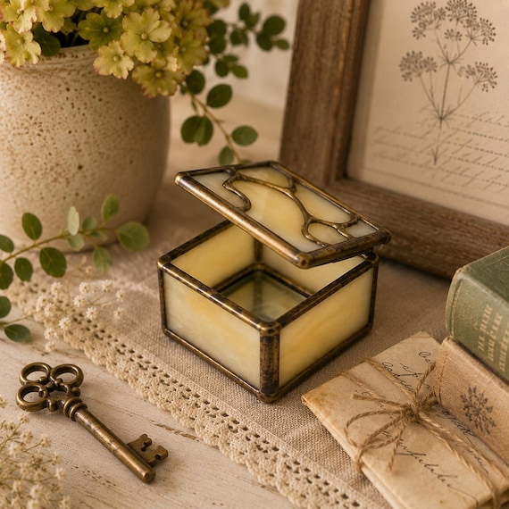 A genuinely handmade stained glass trinket box with opalescent white & beige glass panels and a mirrored base — the kind of artisan piece that looks like it belongs in a boutique, not a craft fair bin.