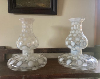 Vintage pair of Fenton Pancake Glass Lamp Parts Opalescent Coin Dot