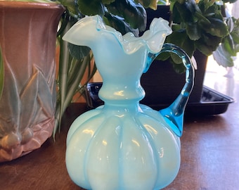 Fenton powder blue overlay glass ruffled edge Pitcher