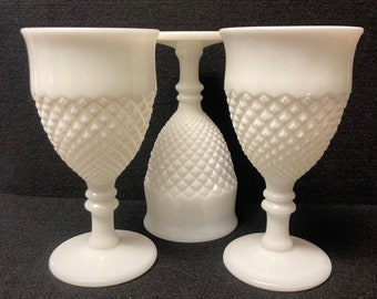 3x. Westmoreland English Hobnail Milk Glass Water Wine Goblets