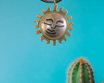 Vintage Mexico Sterling Silver Mixed metals Sun Face Brooch Pendant