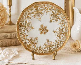 Hand Painted RC Nippon Cabinet Plate Gold Encrusted 8.5” Antique Japanese Porcelain Octagonal Plate