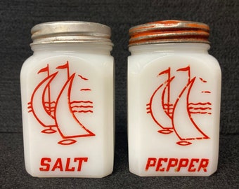 Pair of Milk Glass sailboat  Salt and Pepper Shakers