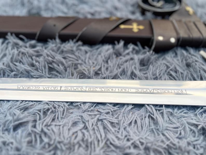 May include: A close-up of a sword with a silver blade and a brown leather sheath. The blade has an inscription. The sheath is decorated with gold crosses. The sword is resting on a gray, fuzzy surface.