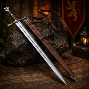 Könnte beinhalten: Ein Stahlschwert mit zweischneidiger Klinge, silbernem Parierstange und gedrehtem braunem Griff. Das Schwert wird von einer passenden braunen Lederscheide mit silbernen Metallakzenten und einem verstellbaren Lederriemen zum Tragen begleitet.