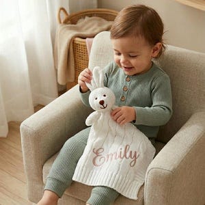 Personalized Bunny Security Blanket – Custom Embroidered Name Lovey, Baby Shower Gift 13"x13"