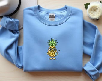 Sudadera de piña bordada / Cuello redondo de verano, estilo tropical