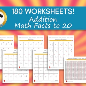 Może przedstawiać: Zestaw arkuszy matematycznych do dodawania do 20. Obraz przedstawia kilka arkuszy z zadaniami z dodawania, ołówkami i tekstem "180 WORKSHEETS! Addition Math Facts to 20". Logo z psem znajduje się w lewym górnym rogu.