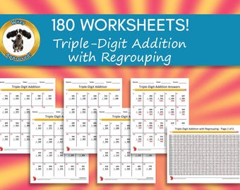 May include: A collection of worksheets for triple-digit addition with regrouping. The image features multiple pages with math problems, a pencil, and the text "180 WORKSHEETS! Triple-Digit Addition with Regrouping". A cartoon dog is in the upper left corner.