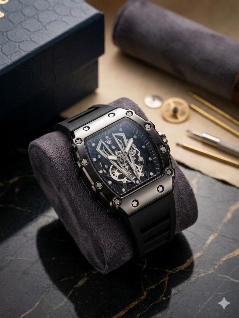 May include: A black wristwatch with a rectangular face and a black rubber strap. The watch has a detailed, open-face design, showcasing the inner workings. The watch is displayed on a grey velvet cushion.