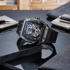May include: A black wristwatch with a skeleton dial and a black rubber strap. The watch has a square face with visible gears and a dark grey metal case. The watch is displayed on a dark surface with a pen and a grey cloth in the background.