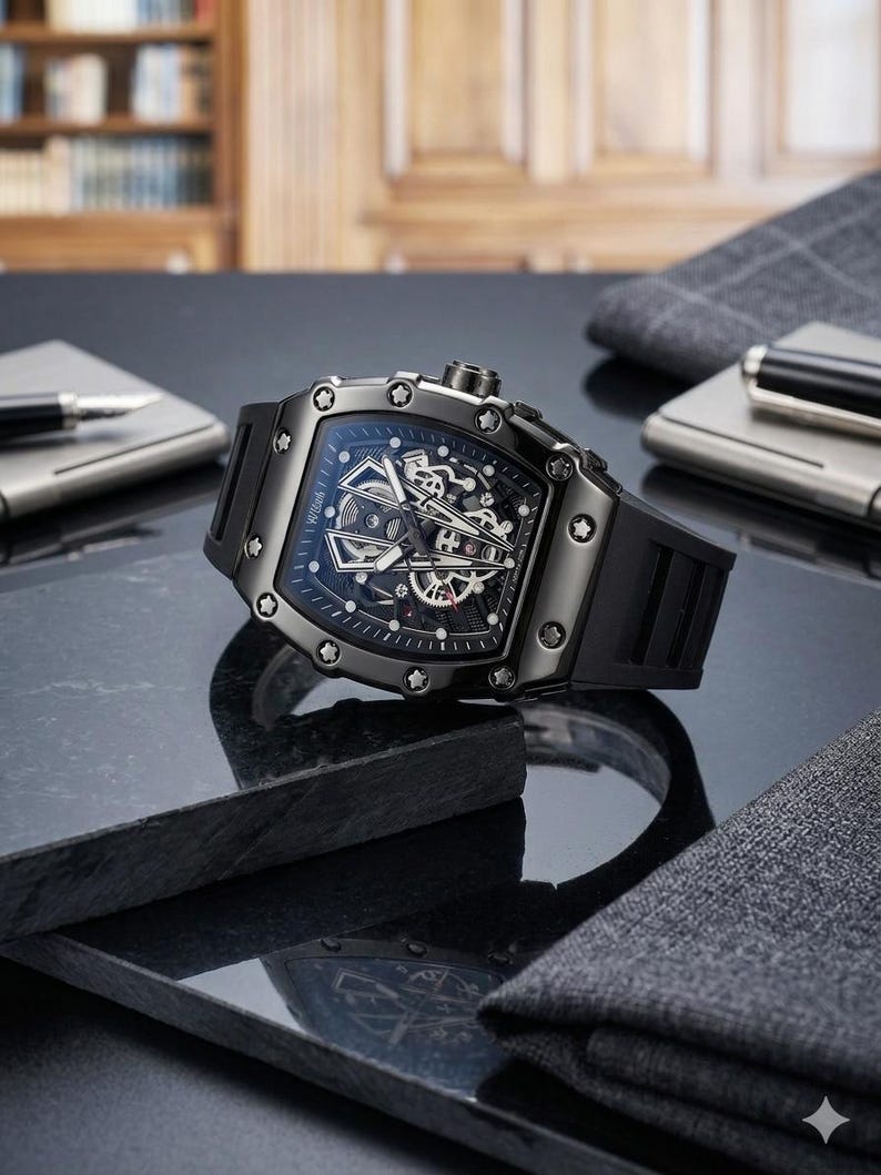 May include: A black wristwatch with a skeleton dial and a black rubber strap. The watch has a square face with visible gears and a dark grey metal case. The watch is displayed on a dark surface with a pen and a grey cloth in the background.