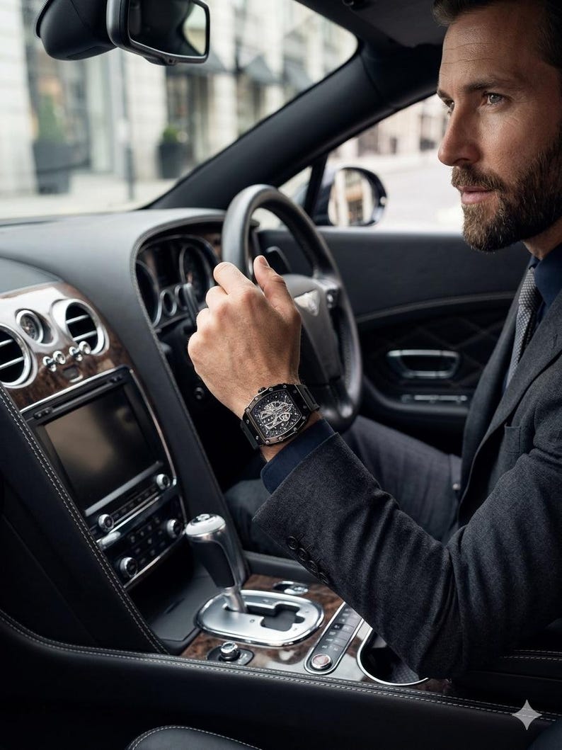 May include: A black wristwatch with a detailed face is worn on a person's wrist. The watch is set against the backdrop of a luxury car's interior, with wood and leather detailing. The person is wearing a dark suit and is driving.