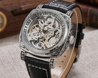 Skeleton Style Mechanical Automatic Moviment Engraved Silver Mens Watch