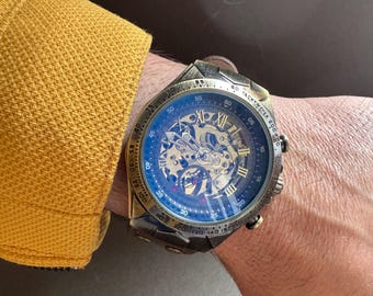 Orologio meccanico scheletrato: cinturino in pelle marrone, orologio steampunk