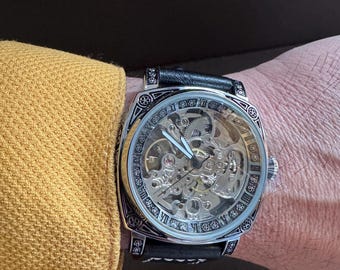 Skeleton Style Mechanical Automatic Moviment Engraved Silver Mens Watch