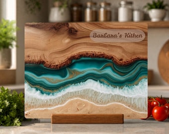 Personalized Ocean Resin Glass Chopping Board, Turquoise Wave Kitchen Decor, Coastal Housewarming & Wedding Gift