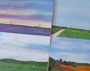 postcard set 3 : four American landscape postcards - quiet at the cape, waiting, the road ahead, reunion, art postcards, postcard set