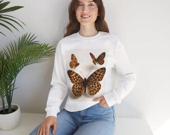 Sudadera de cuello redondo con estampado de leopardo y mariposas / Mariposas botánicas vintage