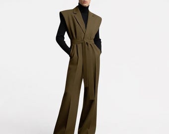 Sleeveless Belted Wide Leg Jumpsuit, Office Ready Outfit