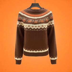 Pumpkin Pattern Pullover, Women’s Knit Sweater, Fall Thanksgiving Outfit, Cozy Halloween Knitwear, Seasonal Autumn Jumper