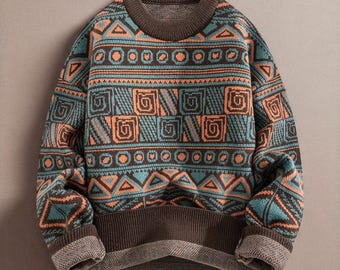 Geometric Pattern Pullover, Men Knit Sweater, Casual Crewneck Knitwear, Stylish Winter Outfit, Gift For Him