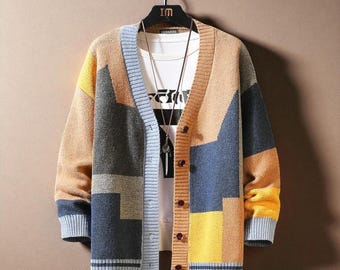 Geometric Pattern Men’s Cardigan, Button Knit Sweater, Streetwear Outfit, Modern  Style, Perfect Gift Idea For Him