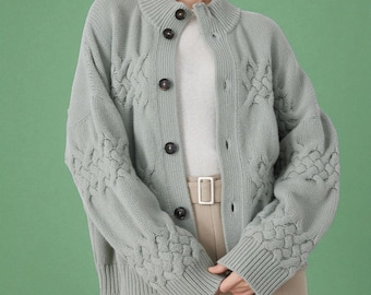 Wollen vest, grof gebreide kabel, button-down trui