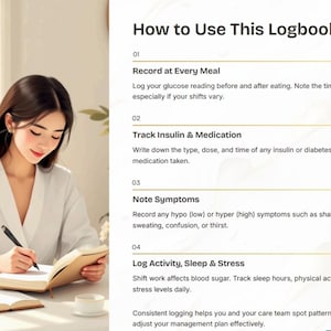 Könnte beinhalten: Eine Person schreibt in einem Logbuch mit dem Text "How to Use This Logbook". Die Logbuchanweisungen umfassen die Aufzeichnung von Glukosewerten, die Verfolgung von Medikamenten, die Notierung von Symptomen sowie die Protokollierung von Aktivität, Schlaf und Stress.