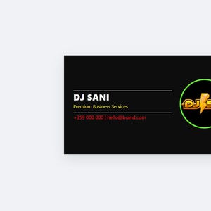 Peut inclure: Une carte de visite noire avec le texte "DJ SANI" en blanc et "Premium Business Services" en plus petit. La carte présente un logo doré avec un éclair à l'intérieur d'un cercle vert. Les coordonnées sont en rouge.