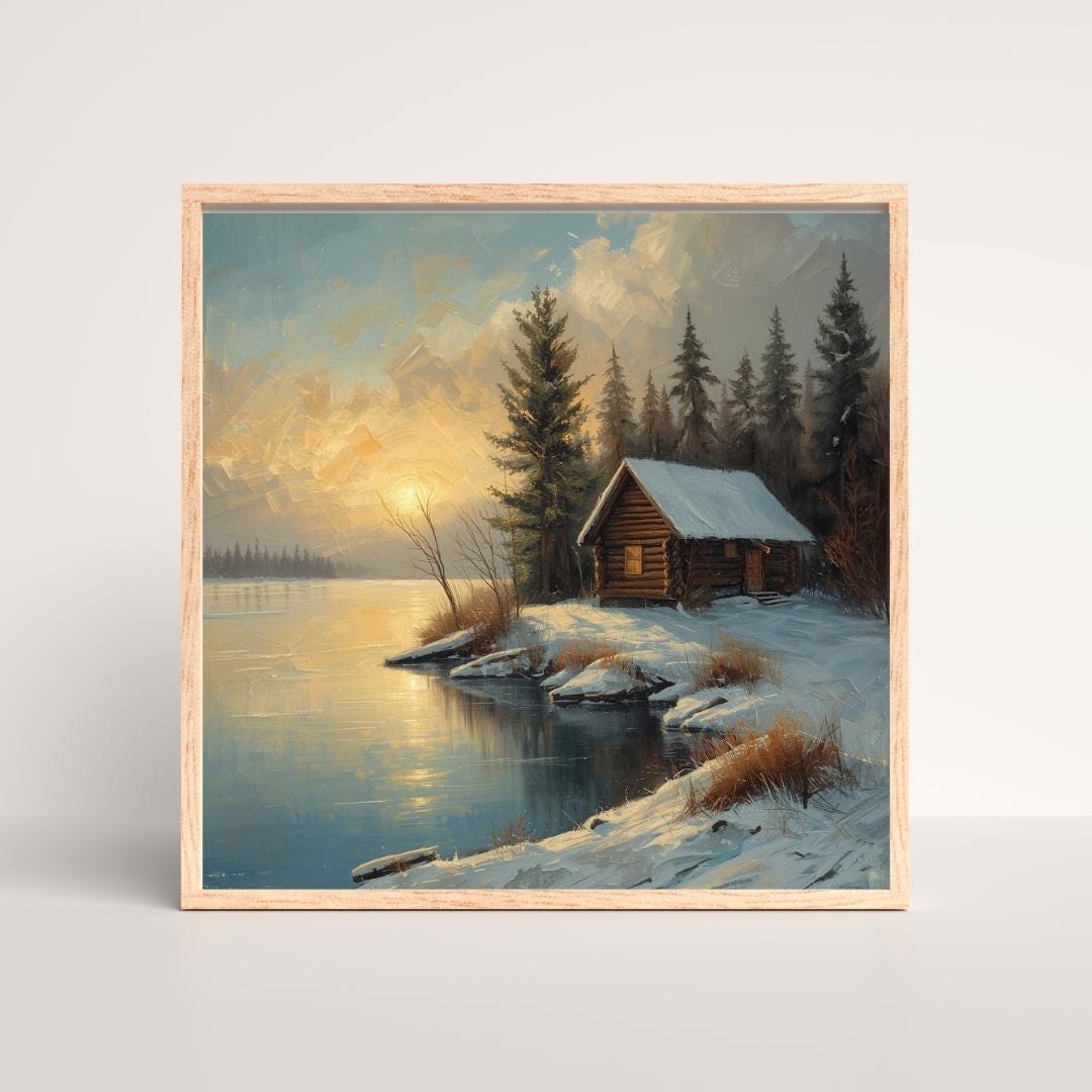 Vintage Oil Painting: Winter Cabin by Frozen Lake, Rustic Wall Art - Etsy