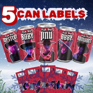 Etiquetas imprimibles de Kpop Demons Hunter / Etiquetas para latas de refresco de Saja Boys / 5 etiquetas para latas de refresco de tu ídolo / Decoración para fiesta de cumpleaños Kpop / Latas de refresco de Saja Boys