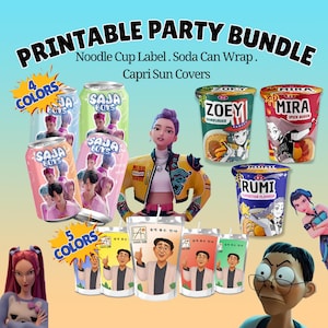K-Pop Demon Hunters Party Labels | Saja Boys Soda Can Wraps | Dr Han Capri Sun Juice Label | Ramen Cup Label | Kpop Printable Party Favors