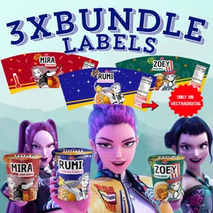 Cazadores de demonios del Kpop, etiquetas para fideos instantáneos Ramyeon, fiesta de cosplay Huntrix Ramen, Rumi Mira Zoey, fiesta del Kpop, paquete imprimible, fiesta de Halloween