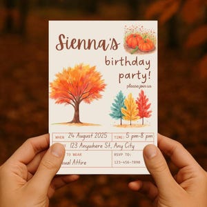 Invitación de cumpleaños de otoño para hija / Invitación a fiesta de otoño / Invitación imprimible de calabaza y hojas / Plantilla editable de Canva
