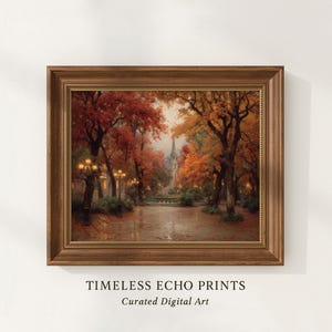 Autumn Town Square Oil Painting Rustic Fall Scene Tree Lined Street Wall Art Digital Download 84