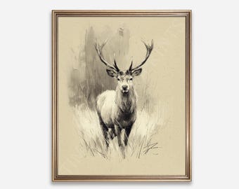 Moody Stag Sketch Print - Rustic Woodland Deer Art, Neutral Forest Scene, Wildlife Printable Digital Download 444