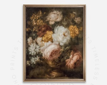 バロック様式の花束プリント：ダークな花柄アンティーク絵画（即時