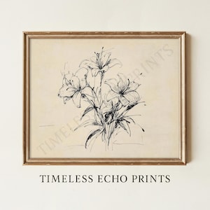 Arte mural con boceto de ramo de lirios: dibujo botánico minimalista, impresión floral vintage estilo cottagecore (descarga digital) 500