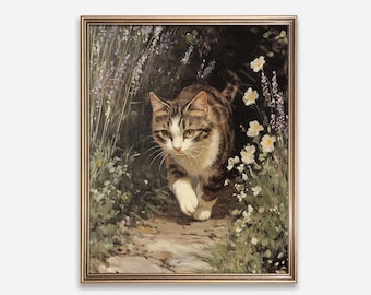 May include: A framed print featuring a tabby cat walking through a garden path. The cat has brown and white fur and green eyes. The artwork is surrounded by white and purple flowers and green foliage. The text "TIMELESS ECHO PRINTS" is at the bottom.