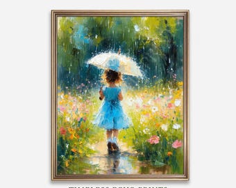 Rainy Day Girl Wall Art Child With Umbrella Floral Field Painting Impressionist Spring Scene Digital Download 305