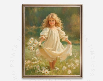 Art mural vintage Girl in Daisy Field : tableau romantique prairie printanière, imprimé floral cottagecore (téléchargement numérique) 303